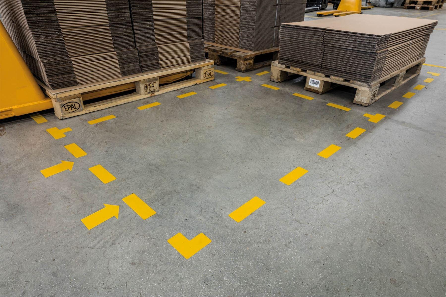 Showing Durable UK's Durable Heavy Duty Adhesive Floor Marking Dash Shape | 10 Pack | Yellow, available as SKU 170304 with EAN 4005546983592.