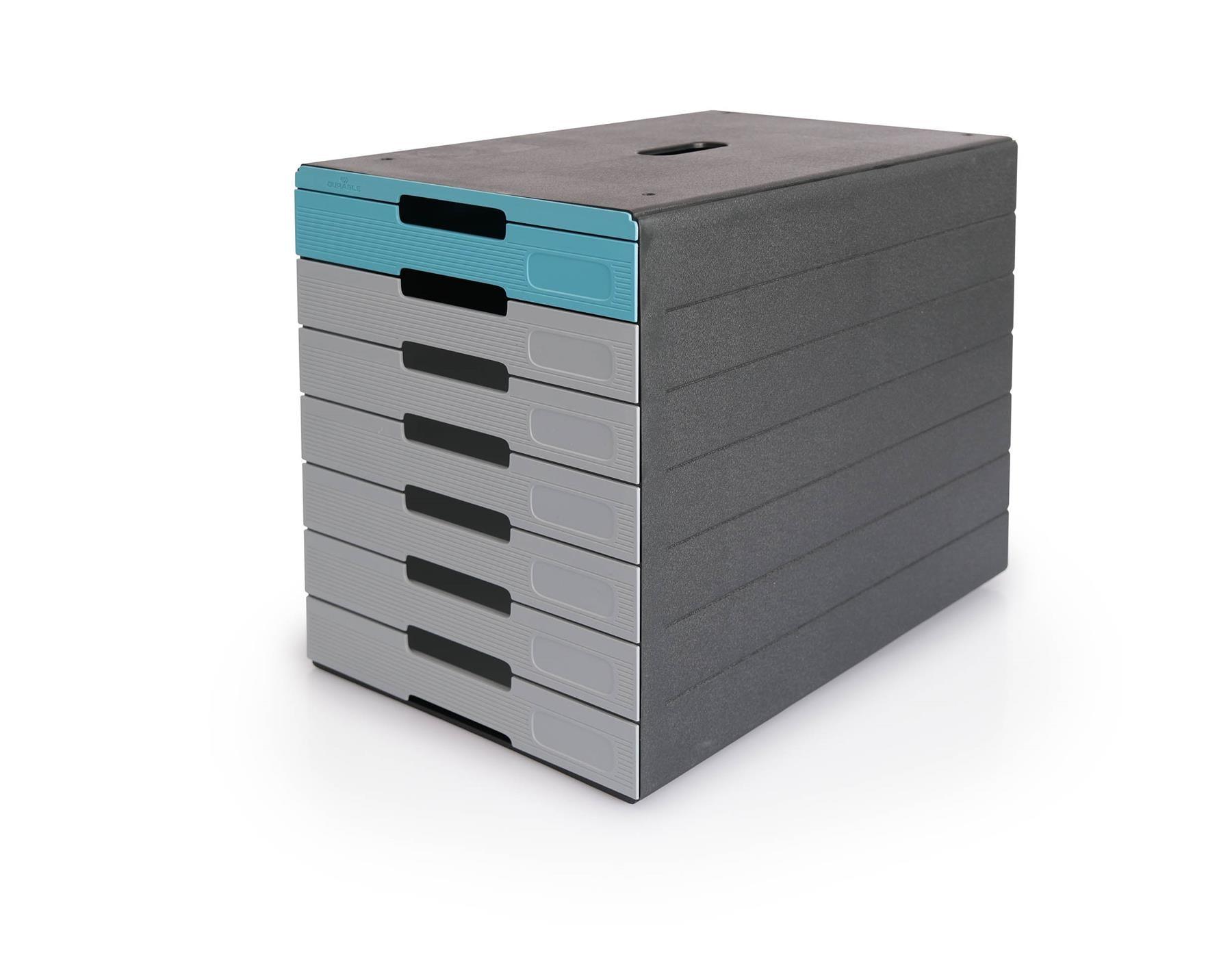 Showing Durable UK's Durable IDEALBOX ECO 7 Drawer Recycled Plastic File Storage Organiser | Blue, available as SKU 776306 with EAN 4005546737379.