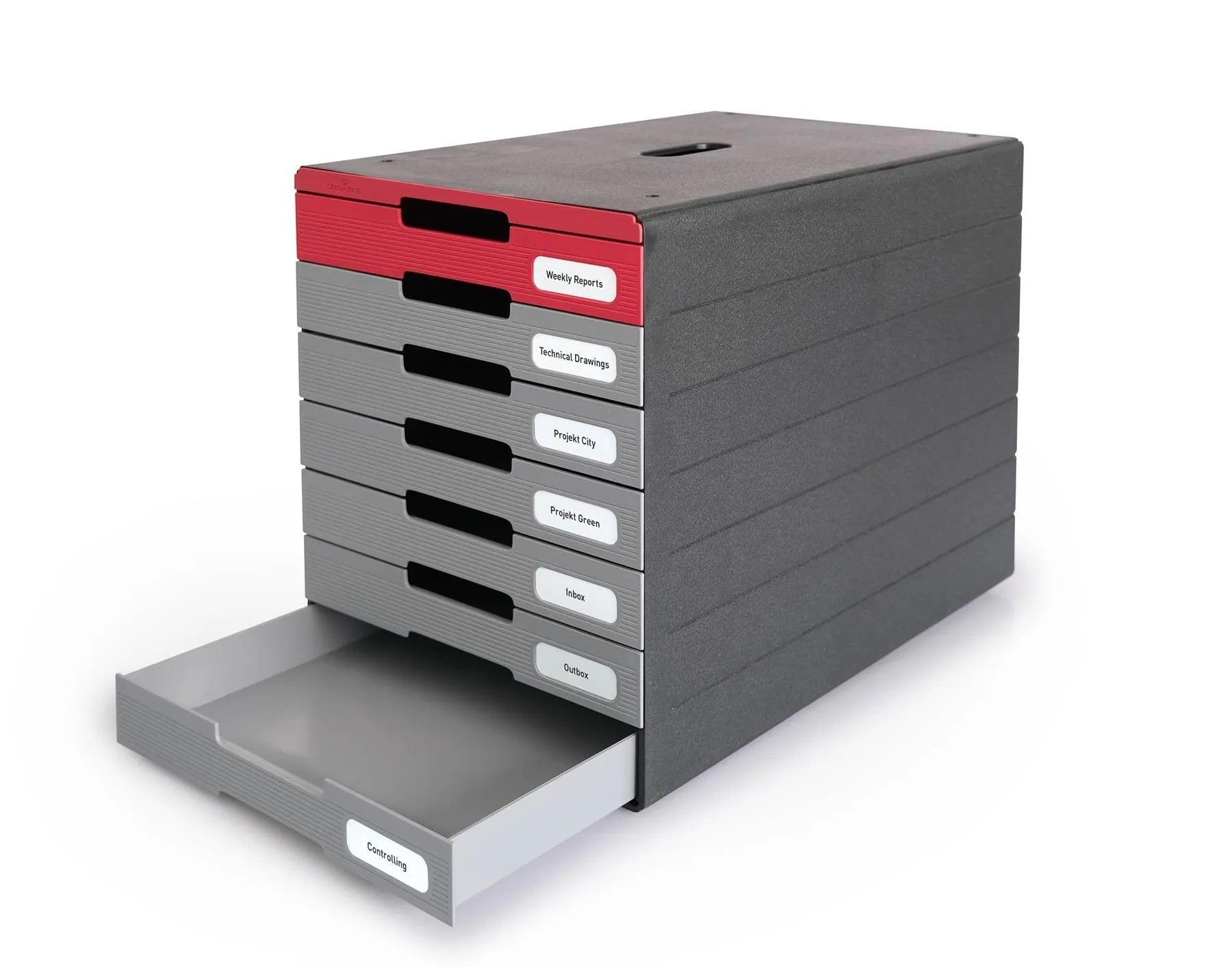 Showing Durable UK's Durable IDEALBOX ECO 7 Drawer Recycled Plastic File Storage Organiser | Red, available as SKU 776303 with EAN 4005546737362.