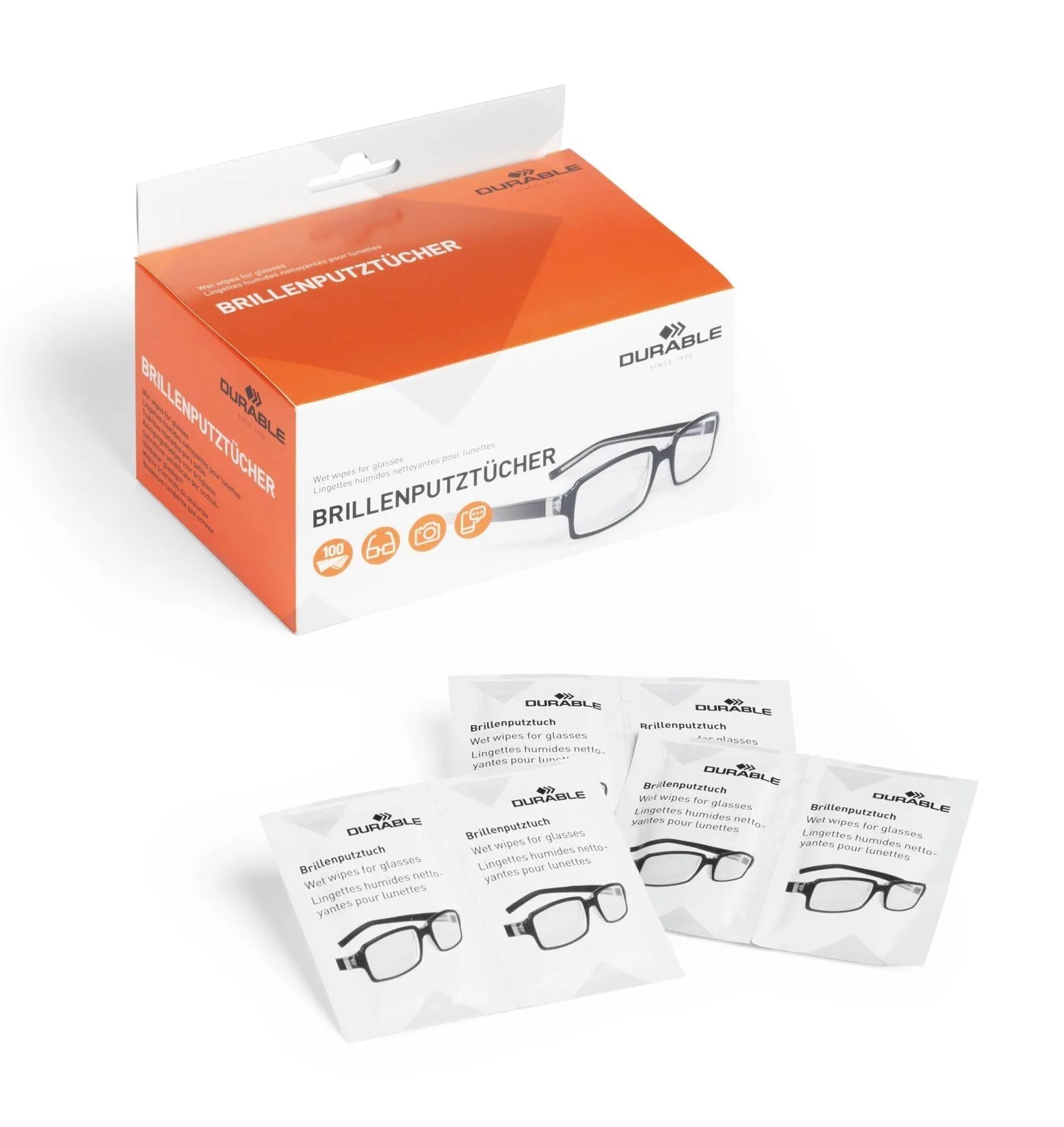 Showing Durable UK's Durable Individually Wrapped Anti-Static Glasses Lens Wipes | 100 Pack, available as SKU 585302 with EAN 4005546506289.