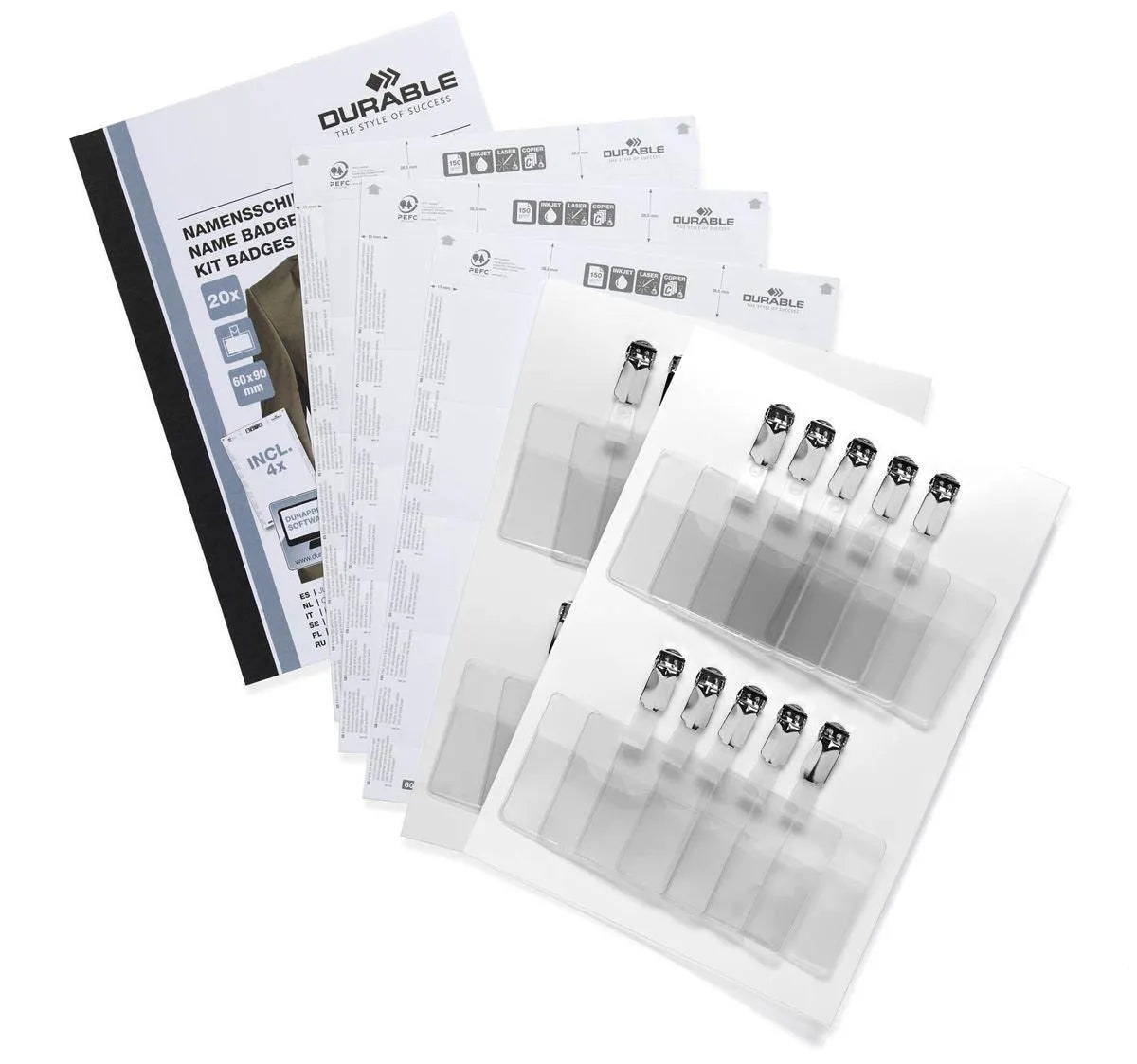 Showing Durable UK's Durable Metal Clip Name Tag ID Badge Card Holder + Inserts | 20 Pack | 60 x 90mm, available as SKU 869500 with EAN 4005546807478.