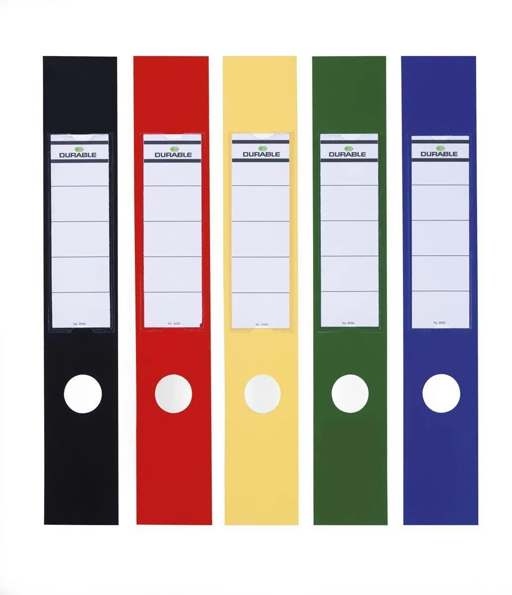 Showing Durable UK's Durable ORDOFIX Adhesive Ring Binder Spine Labels | 10 Pack | 60mm Assorted, available as SKU 809000-10 with EAN 4005546846057.