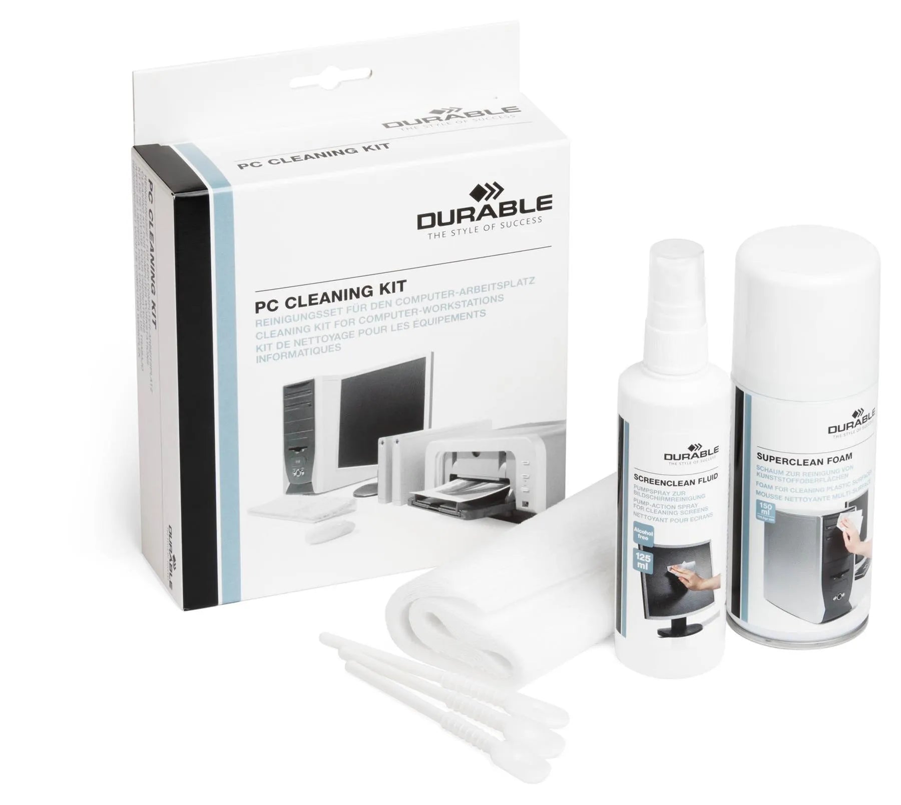 Showing Durable UK's Durable PC Tech Cleaning Kit | Screen Spray, Foam Spray, Wipes & Keyboard Tool, available as SKU 583400 with EAN 4005546507194.