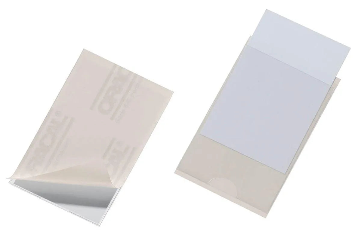 Showing Durable UK's Durable POCKETFIX Self-Adhesive Clear Label Pockets | 100 Pack | 90 x 57mm, available as SKU 827919 with EAN 4005546840086.