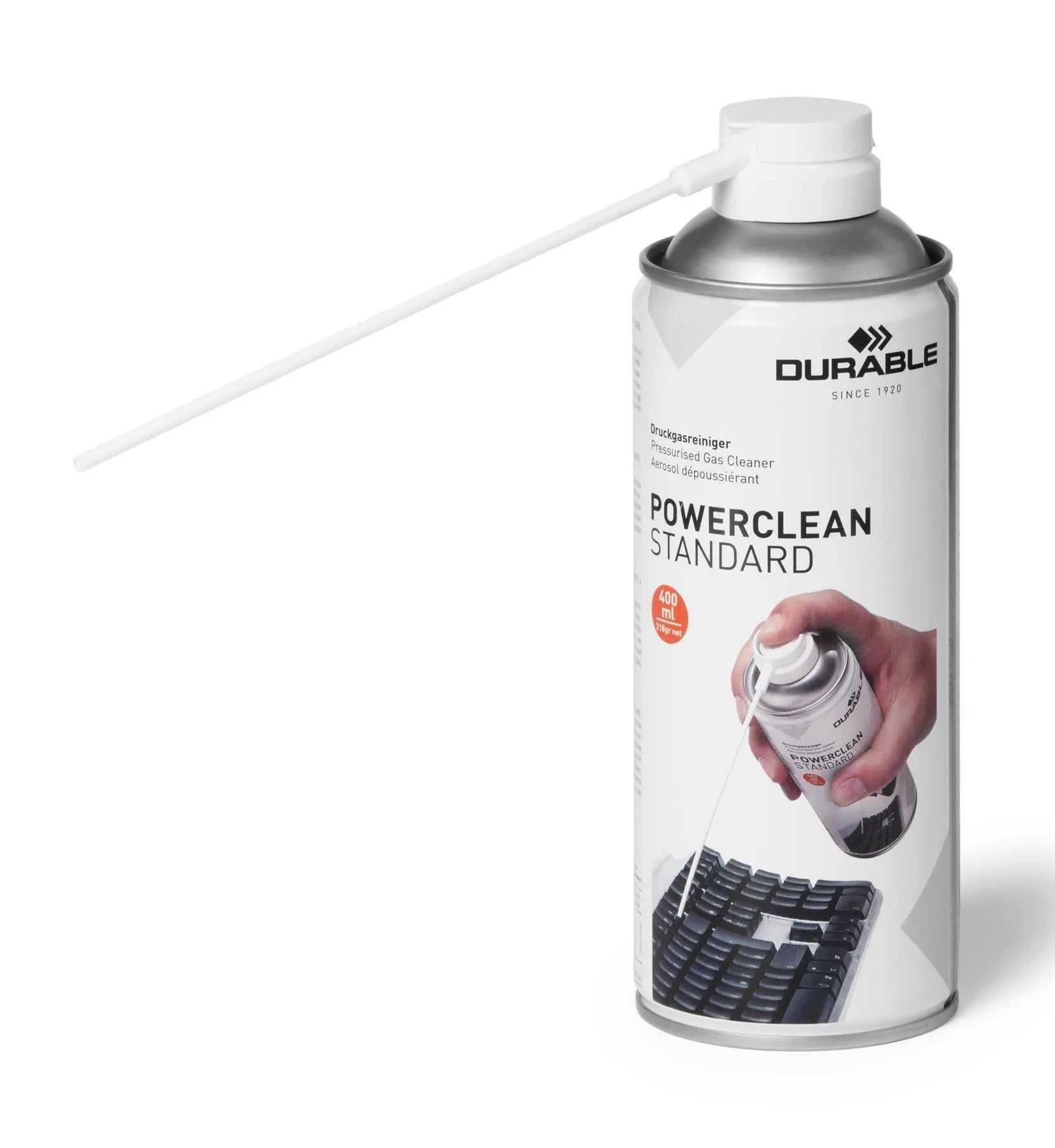 Showing Durable UK's Durable POWERCLEAN Strong Compressed Air Duster Keyboard PC Cleaner Can | 400ml, available as SKU 579619 with EAN 4005546504605.