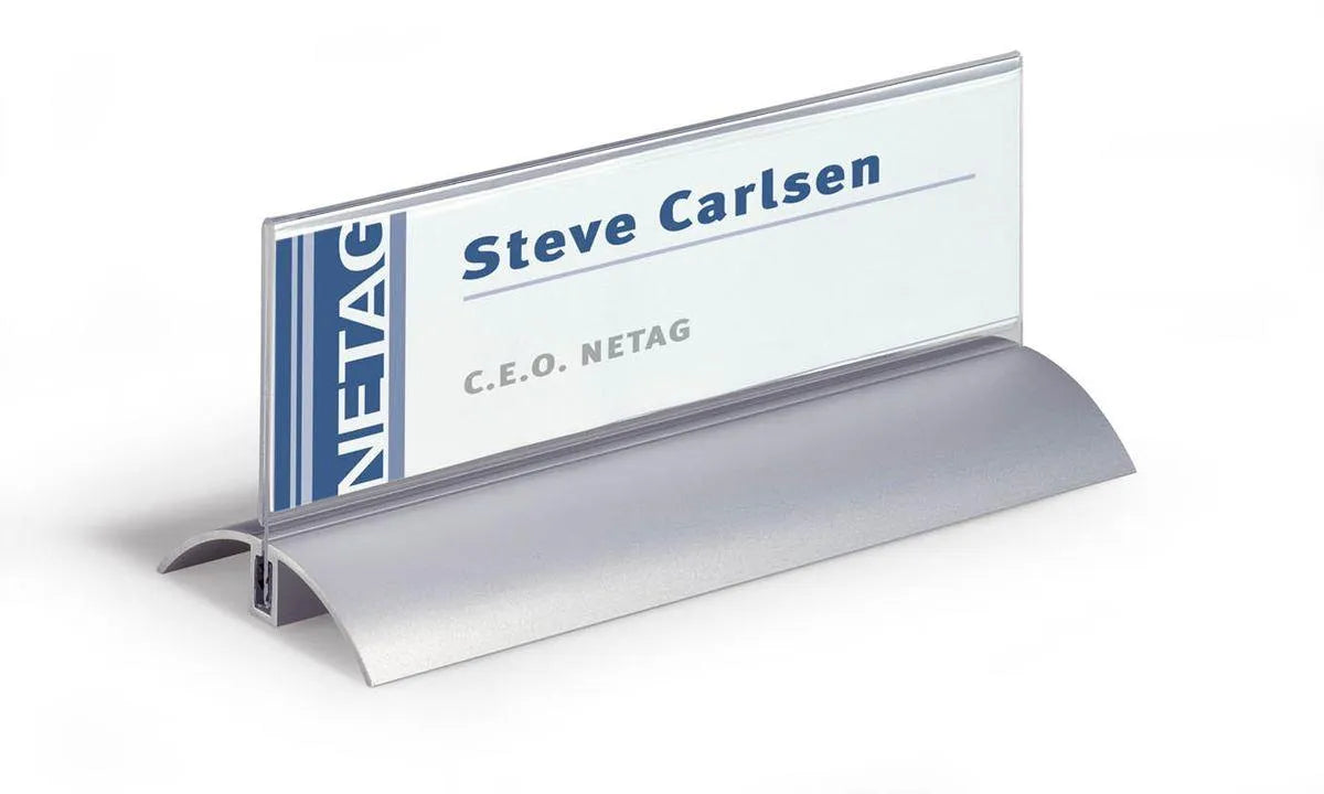 Showing Durable UK's Durable Premium Aluminium Table Place Name Holders & Inserts | 2 Pack | 61x210mm, available as SKU 820219 with EAN 4005546802909.