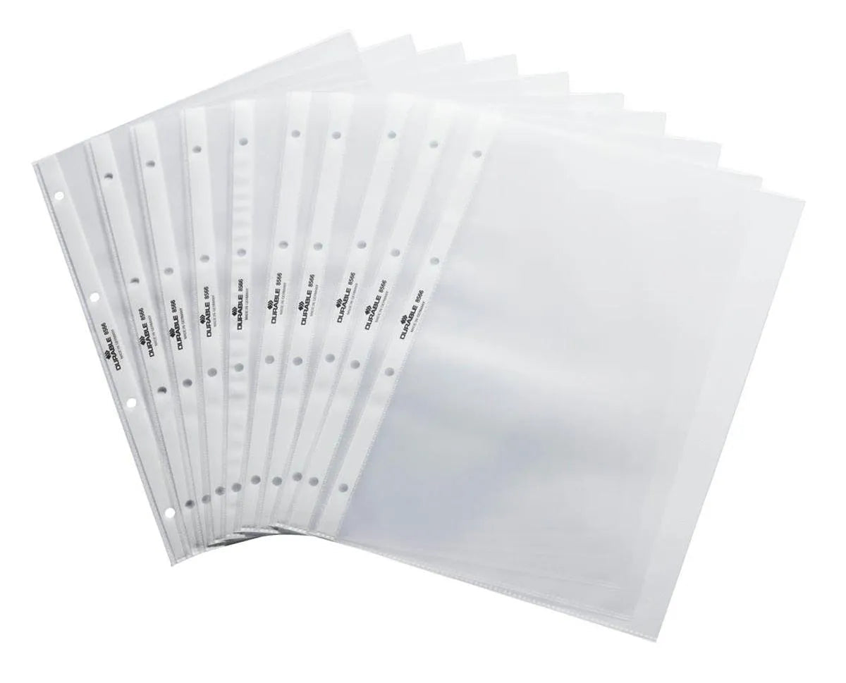 Showing Durable UK's Durable Premium Punched Pockets for Table Flipcharts | 10 Pack | A4 Landscape, available as SKU 856619 with EAN 4005546882048.