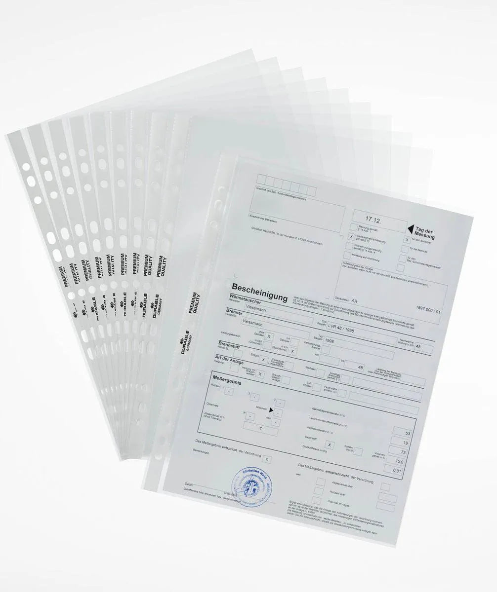 Showing Durable UK's Durable PREMIUM Punched Pockets Sleeve Wallets | 100 Pack | A4 Clear, available as SKU 267619 with EAN 4005546214979.