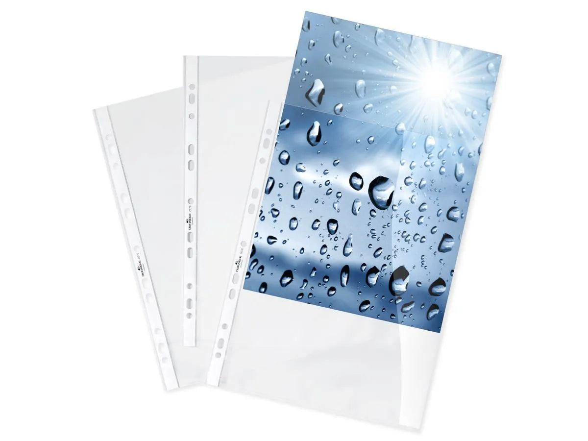 Showing Durable UK's Durable PREMIUM Punched Pockets Sleeve Wallets | 100 Pack | A4 Clear, available as SKU 267619 with EAN 4005546214979.