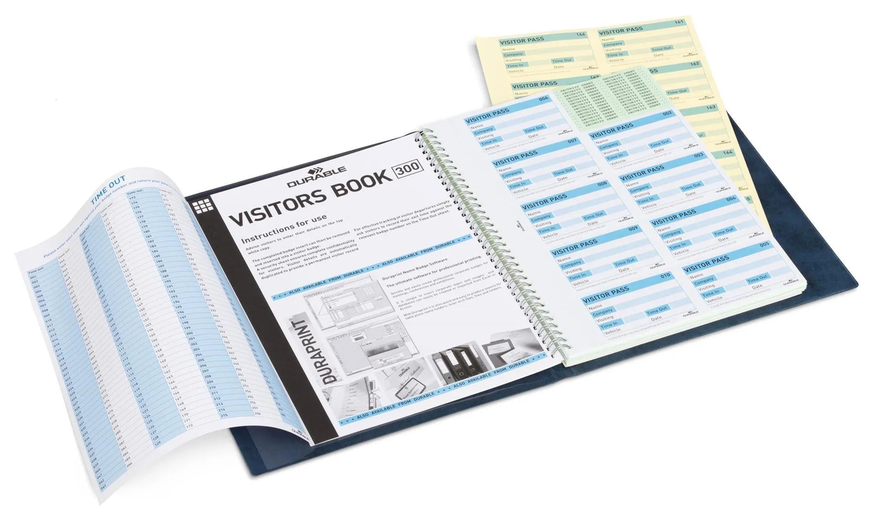 Showing Durable UK's Durable PU Leather GDPR Visitor Book | 300 Name Badges & Security Sheet | Blue, available as SKU 146500 with EAN 4005546100920.