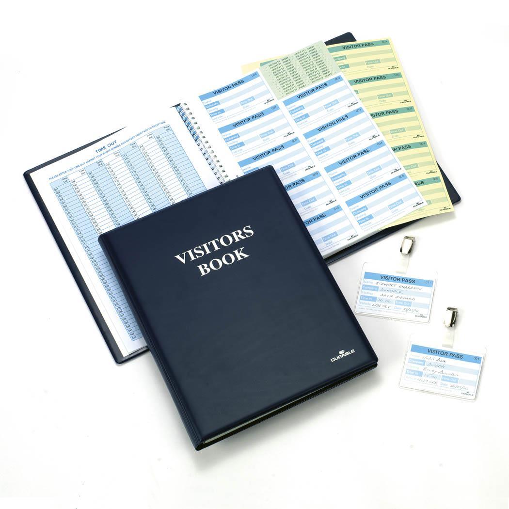 Showing Durable UK's Durable PU Leather GDPR Visitor Book | 300 Name Badges & Security Sheet | Blue, available as SKU 146500 with EAN 4005546100920.