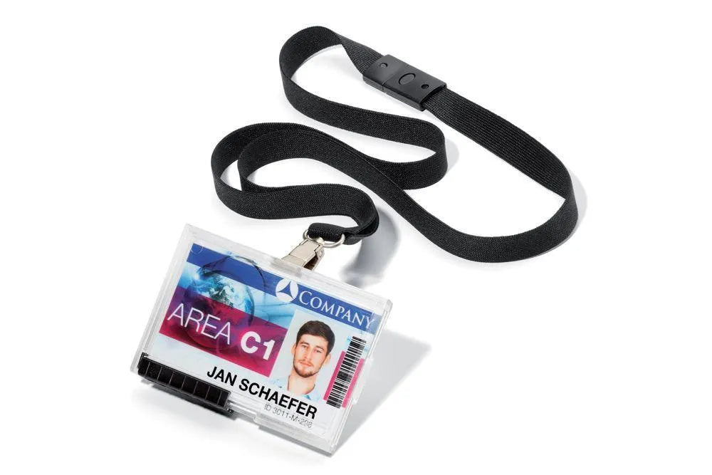 Showing Durable UK's Durable PUSHBOX Duo 2 Card Security ID Holders with Lanyards | 10 Pack | Clear, available as SKU 892601 with EAN 4005546978802.