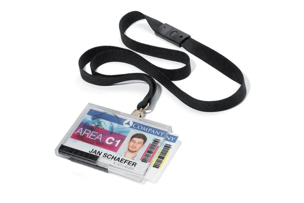 Showing Durable UK's Durable PUSHBOX Duo 2 Card Security ID Holders with Lanyards | 10 Pack | Clear, available as SKU 892601 with EAN 4005546978802.