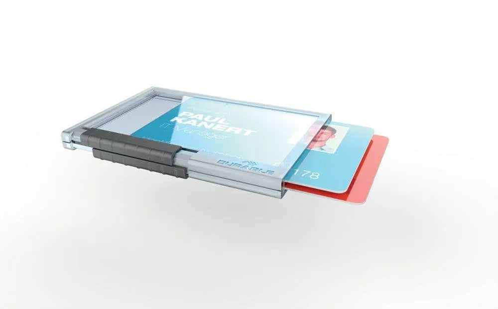 Showing Durable UK's Durable PUSHBOX Duo 2 Card Security Pass ID Holder | 10 Pack | Clear, available as SKU 892119 with EAN 4005546808789.