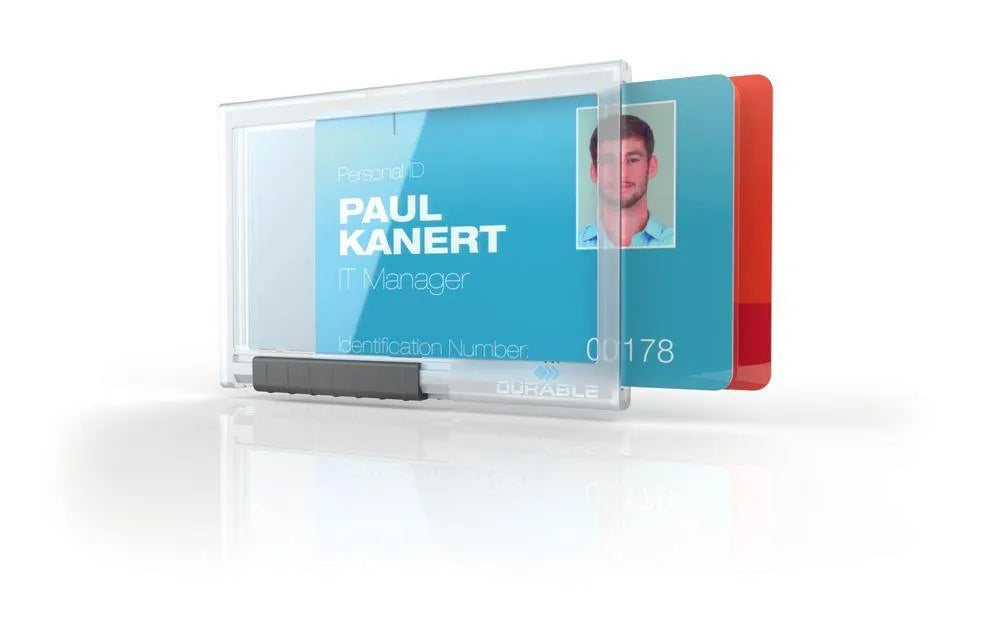 Showing Durable UK's Durable PUSHBOX Duo 2 Card Security Pass ID Holder | 10 Pack | Clear, available as SKU 892119 with EAN 4005546808789.