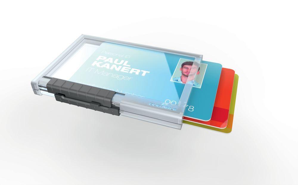 Showing Durable UK's Durable PUSHBOX Trio 3 Card Security Pass ID Holder | 10 Pack | Clear, available as SKU 892019 with EAN 4005546808796.