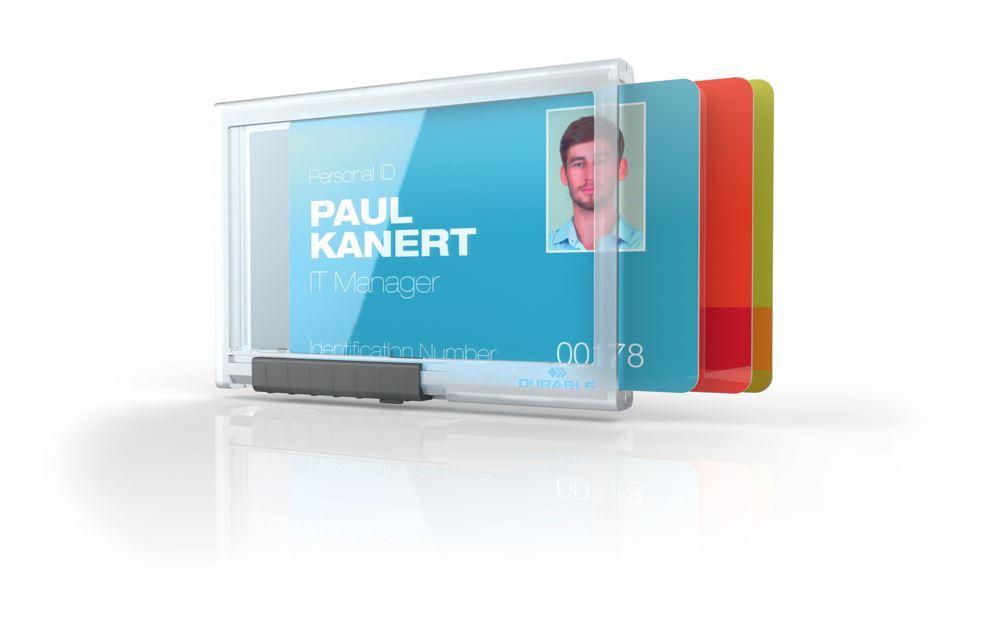 Showing Durable UK's Durable PUSHBOX Trio 3 Card Security Pass ID Holder | 10 Pack | Clear, available as SKU 892019 with EAN 4005546808796.