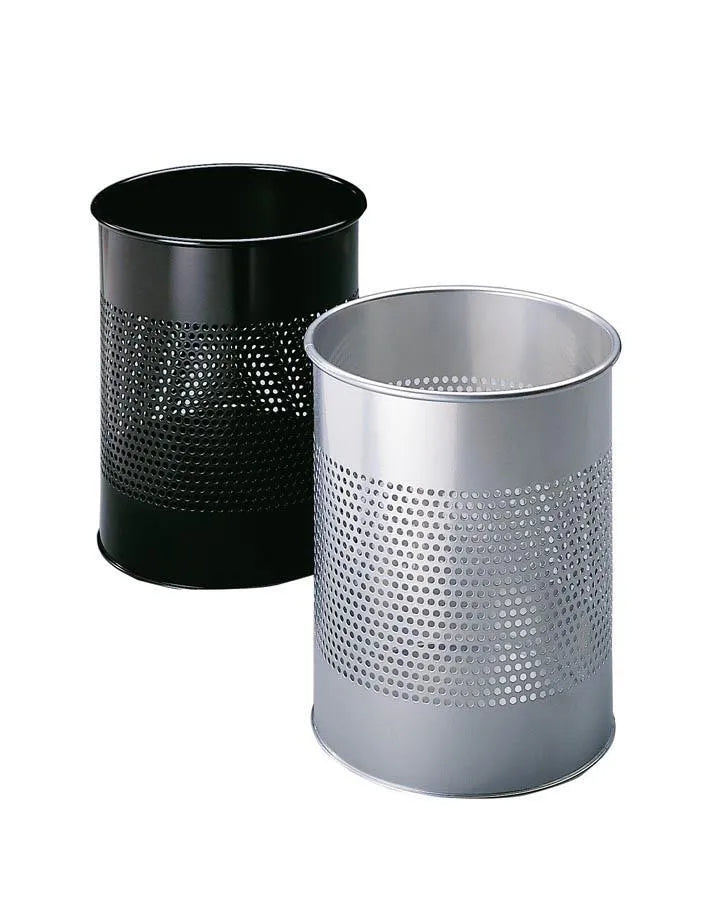 Showing Durable UK's Durable Round Metal Perforated Waste Bin | Scratch Resistant Steel | 15L Grey, available as SKU 331001 with EAN 4005546988641.