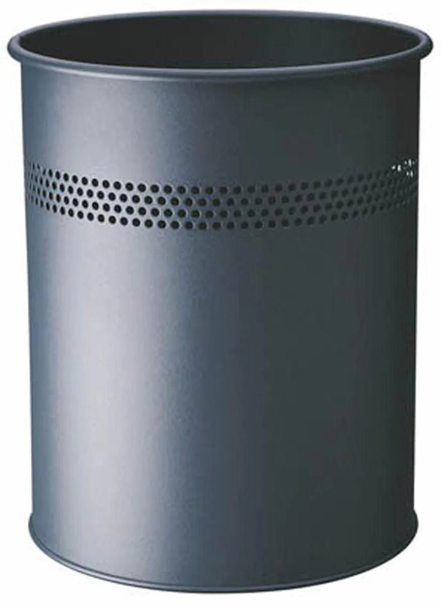 Showing Durable UK's Durable Round Metal Perforated Waste Bin | Scratch Resistant Steel | 15L Grey, available as SKU 330058 with EAN 4005546988306.