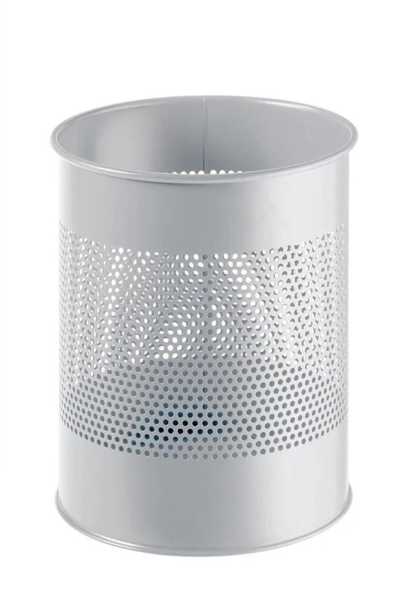 Showing Durable UK's Durable Round Metal Perforated Waste Bin | Scratch Resistant Steel | 15L Grey, available as SKU 331010 with EAN 4005546988603.