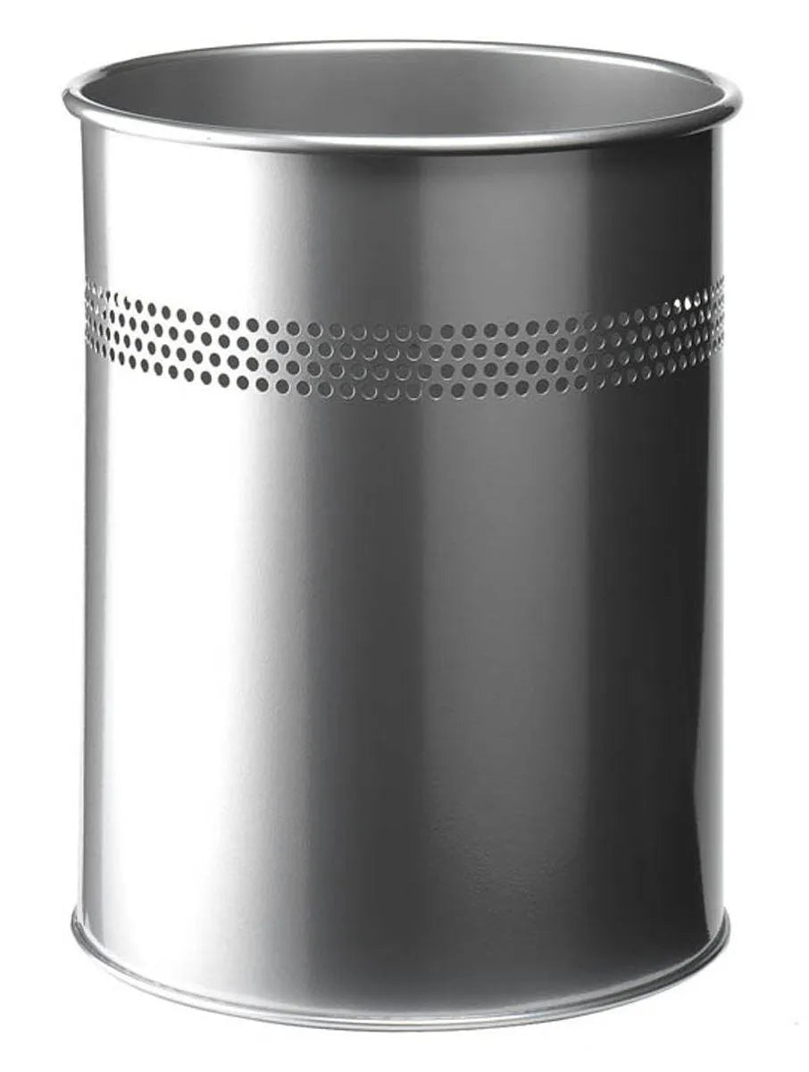 Showing Durable UK's Durable Round Metal Perforated Waste Bin | Scratch Resistant Steel | 15L Silver, available as SKU 330023 with EAN 4005546988283.