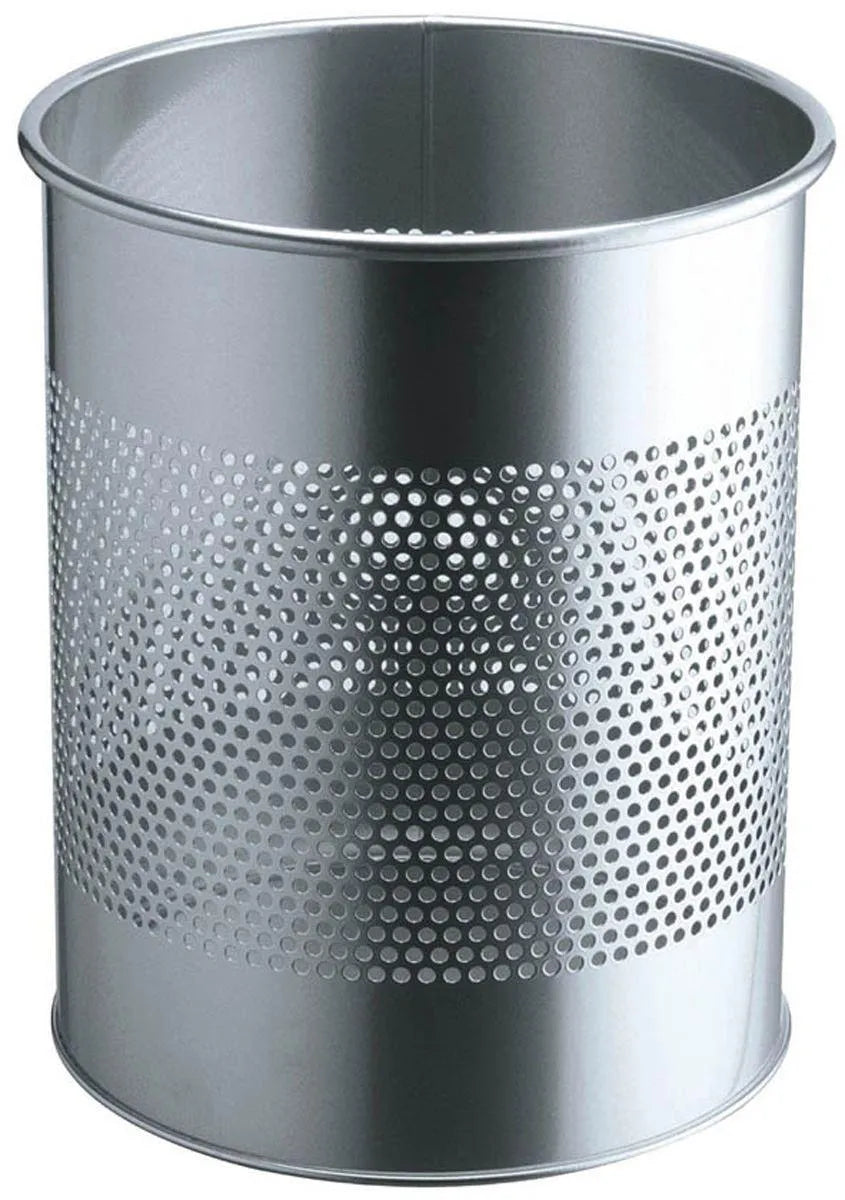 Showing Durable UK's Durable Round Metal Perforated Waste Bin | Scratch Resistant Steel | 15L Silver, available as SKU 331023 with EAN 4005546988627.