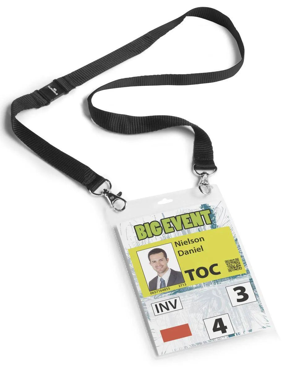 Showing Durable UK's Durable Safety-Release Lanyard Name Badge ID Ticket Holder | 10 Pack | A6 Black, available as SKU 852501 with EAN 4005546808123.