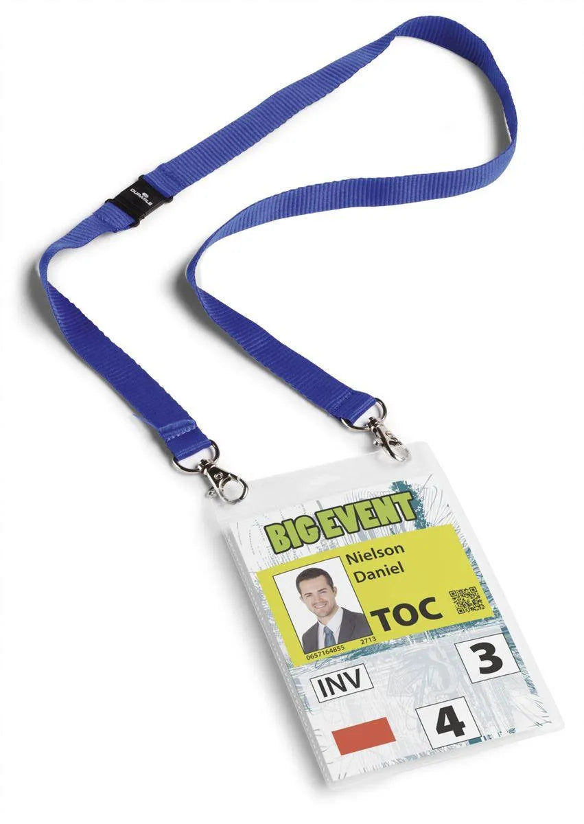 Showing Durable UK's Durable Safety-Release Lanyard Name Badge ID Ticket Holder | 10 Pack | A6 Blue, available as SKU 852507 with EAN 4005546808185.