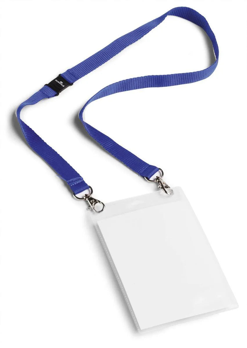 Showing Durable UK's Durable Safety-Release Lanyard Name Badge ID Ticket Holder | 10 Pack | A6 Blue, available as SKU 852507 with EAN 4005546808185.