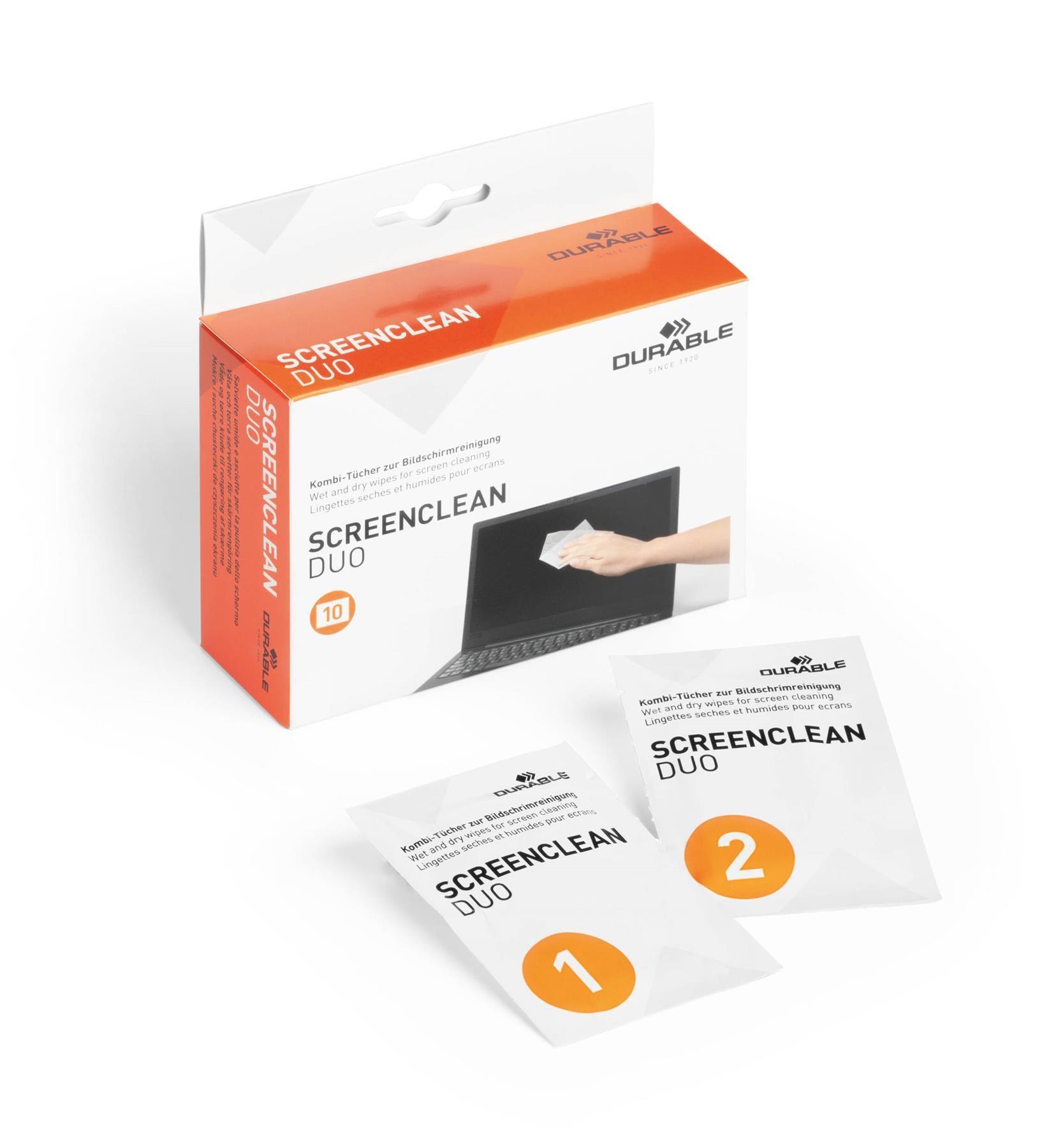 Showing Durable UK's Durable SCREENCLEAN DUO Biodegradable Wet & Dry Screen Cleaning Wipes | 10 Pairs, available as SKU 572102 with EAN 4005546501505.