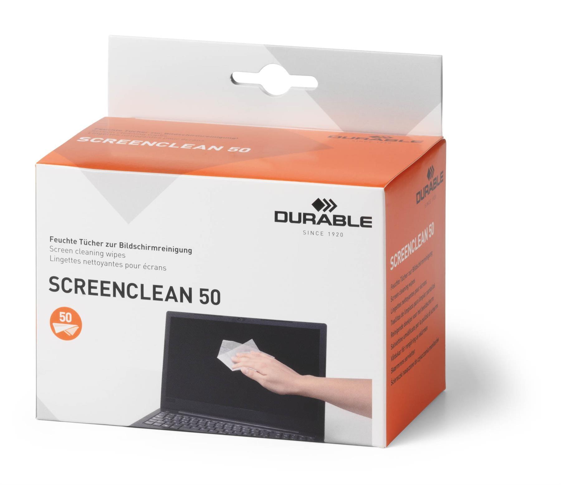 Showing Durable UK's Durable SCREENCLEAN Streak-Free Biodegradable Screen Cleaning Wipes | 50 Sachets, available as SKU 578702 with EAN 4005546503424.