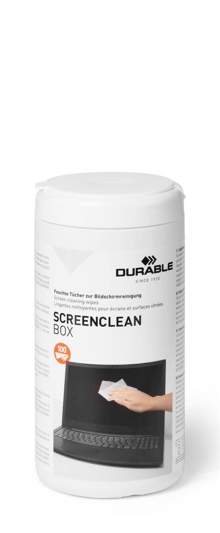 Showing Durable UK's Durable SCREENCLEAN Streak-Free Biodegradable Screen Cleaning Wipes | Tub of 100, available as SKU 573602 with EAN 4005546570990.