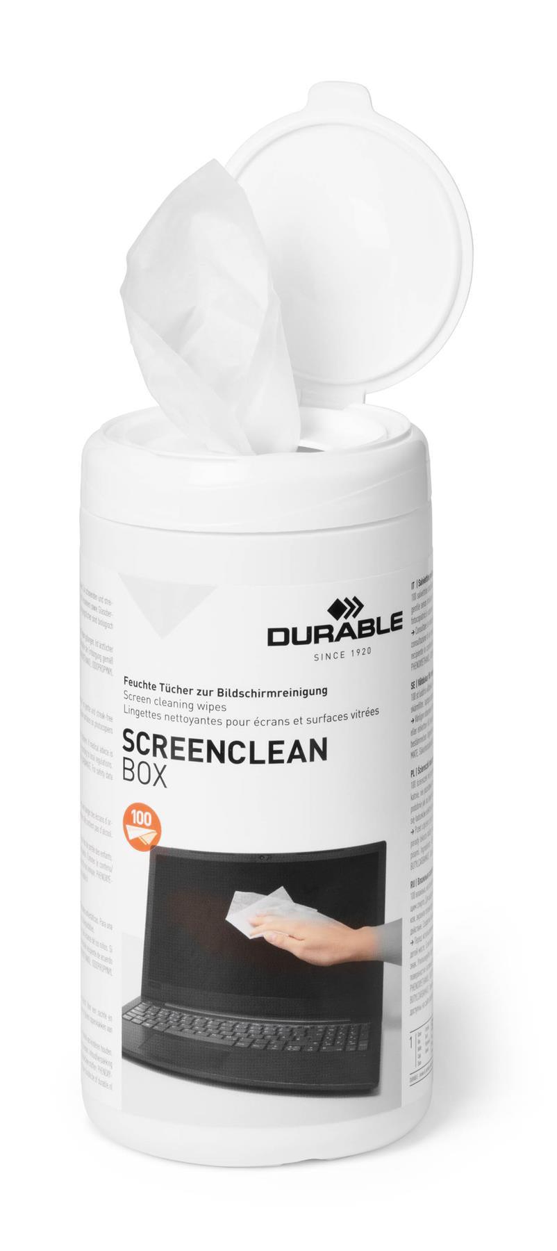 Showing Durable UK's Durable SCREENCLEAN Streak-Free Biodegradable Screen Cleaning Wipes | Tub of 100, available as SKU 573602 with EAN 4005546570990.