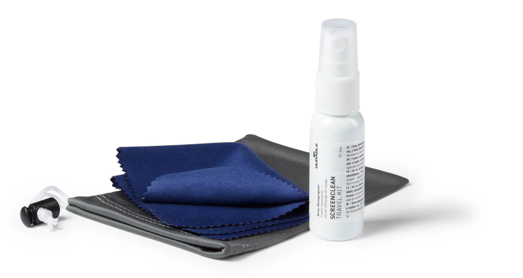 Showing Durable UK's Durable SCREENCLEAN Streak-Free Spray and Microfiber Cloth Travel Kit | 25ml, available as SKU 584400 with EAN 4005546982205.