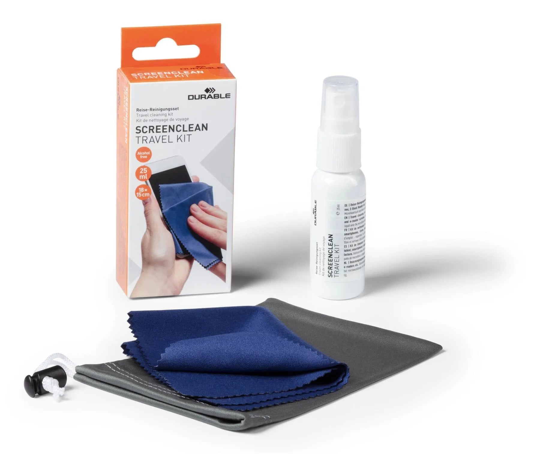 Showing Durable UK's Durable SCREENCLEAN Streak-Free Spray and Microfiber Cloth Travel Kit | 25ml, available as SKU 584400 with EAN 4005546982205.