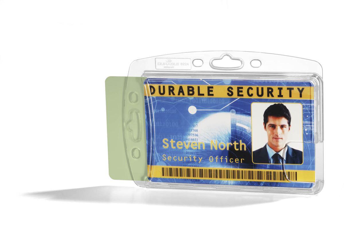 Showing Durable UK's Durable Secure Enclosed 2 Card Security Pass ID Holders | 10 Pack | Clear, available as SKU 892419 with EAN 4005546807645.