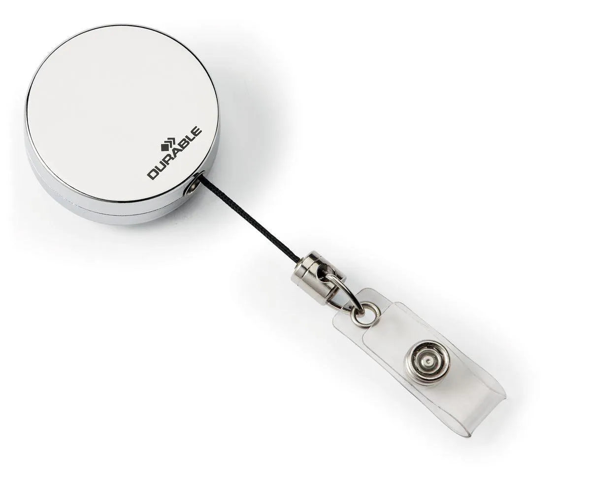 Showing Durable UK's Durable Secure Retractable Chrome Badge Reels for ID & Keys | 10 Pack | Silver, available as SKU 822523 with EAN 4005546802848.