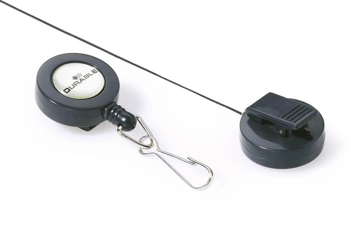 Showing Durable UK's Durable Secure Retractable Clip Badge Reel for ID Cards & Keys | 10 Pack | Black, available as SKU 822158 with EAN 4005546802008.