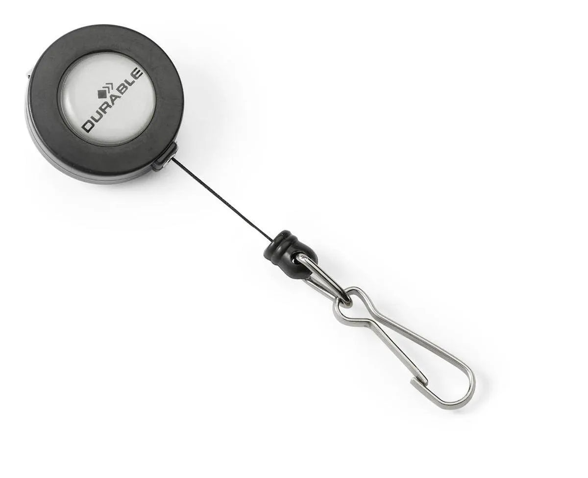 Showing Durable UK's Durable Secure Retractable Clip Badge Reel for ID Cards & Keys | 10 Pack | Black, available as SKU 822158 with EAN 4005546802008.