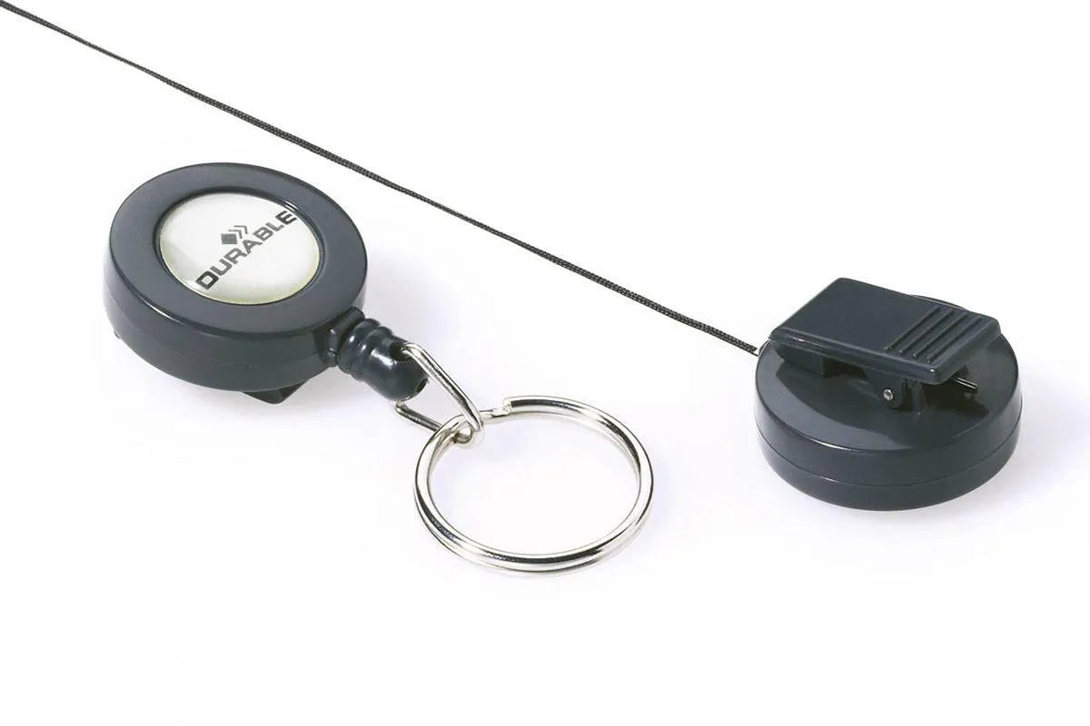 Showing Durable UK's Durable Secure Retractable Keyring Badge Reel for IDs & Keys | 10 Pack | Black, available as SKU 822258 with EAN 4005546802015.