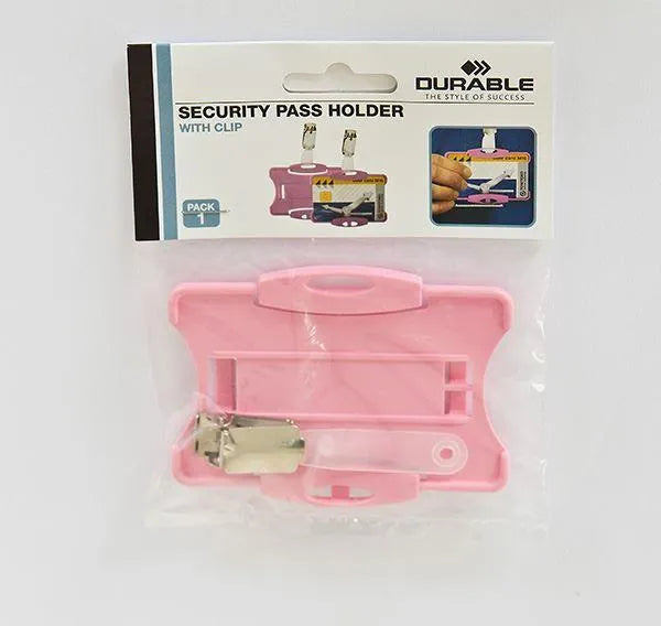 Showing Durable UK's Durable Security Pass Plastic ID Badge Card Holders with Clip | 25 Pack | Pink, available as SKU 999109019 with EAN 4005546946757.