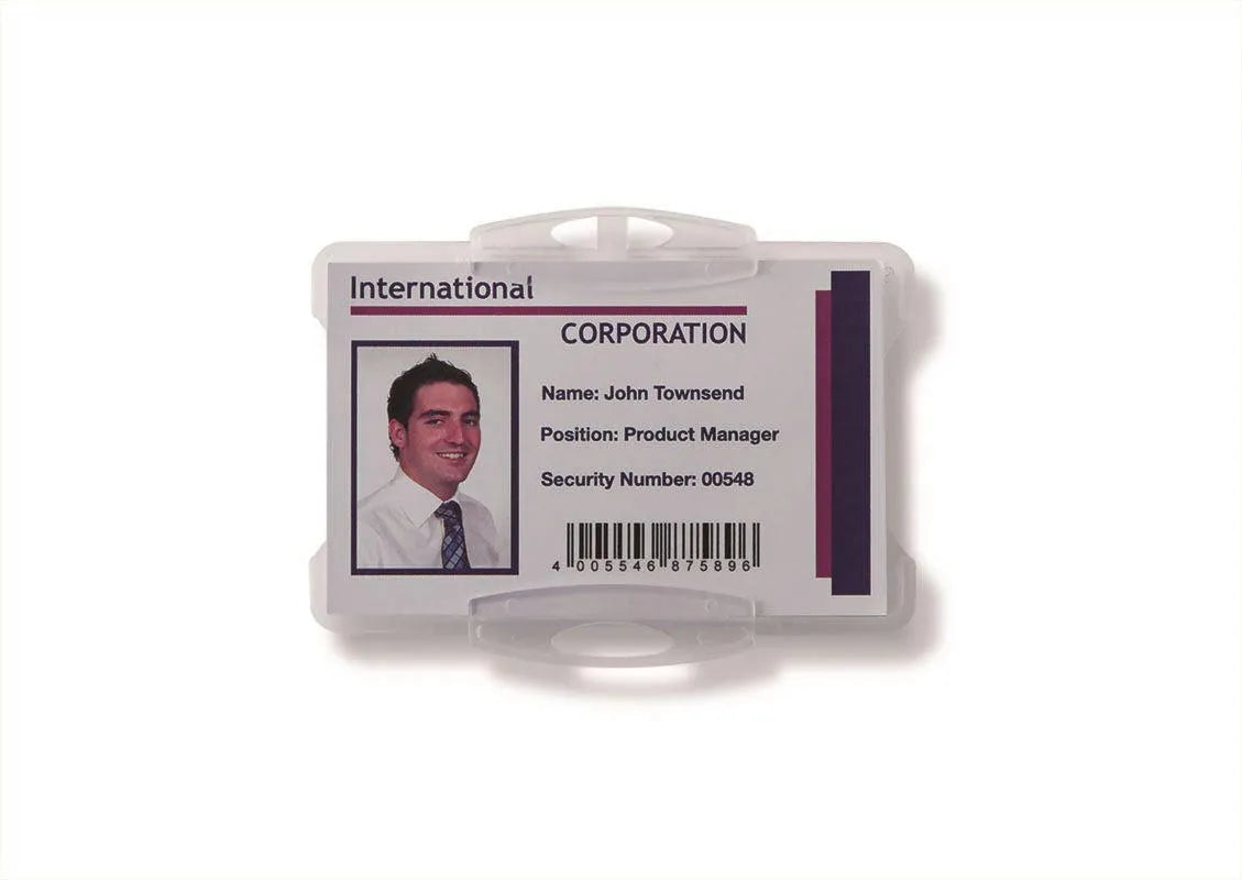 Showing Durable UK's Durable Security Pass Plastic ID Card Holders for Lanyards | 50 Pack | Clear, available as SKU 999108011 with EAN 4005546909264.