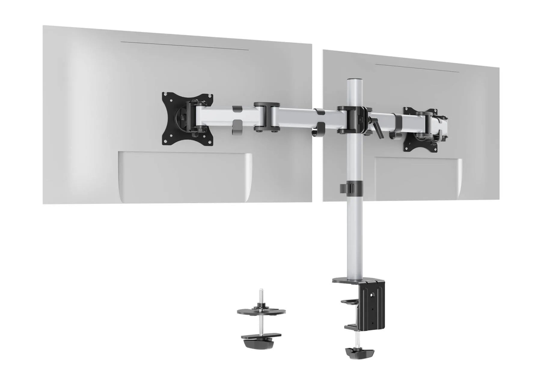 Showing Durable UK's Durable SELECT Monitor Mount Desk Clamp for 2 Screens | 13 - 27" | Gloss Silver, available as SKU 509523 with EAN 4005546734996.