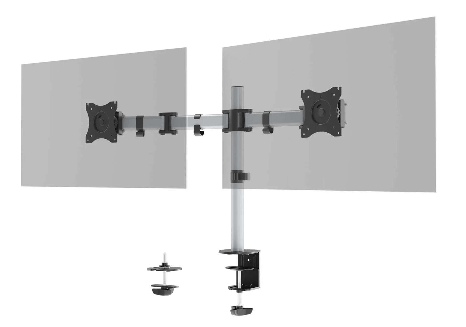 Showing Durable UK's Durable SELECT Monitor Mount Desk Clamp for 2 Screens | 13 - 27" | Gloss Silver, available as SKU 509523 with EAN 4005546734996.