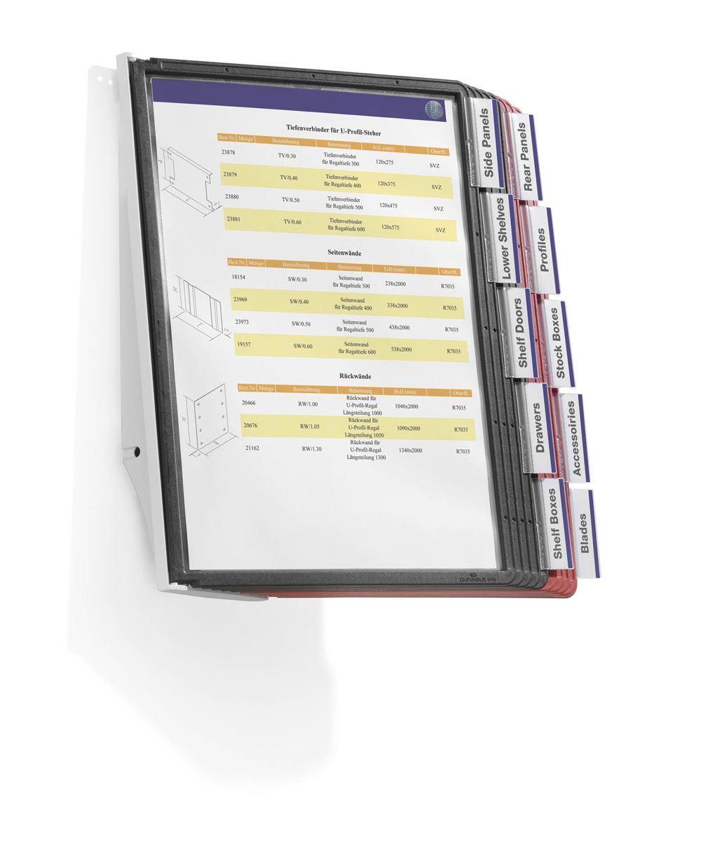 Showing Durable UK's Durable SHERPA WALL 10 Display Panel Document Split Flap Index | A4 Colour Coded, available as SKU 563100 with EAN 4005546501291.