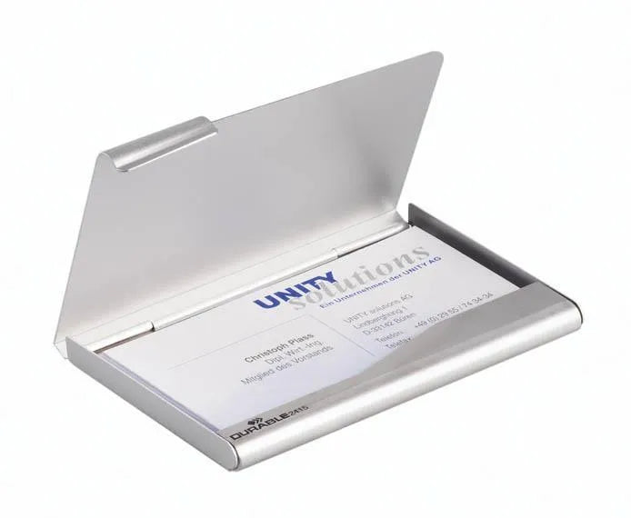 Showing Durable UK's Durable Slim Recycled Aluminium Business Card Holder RFID | for 20 Cards | Metal, available as SKU 241523 with EAN 4005546224404.