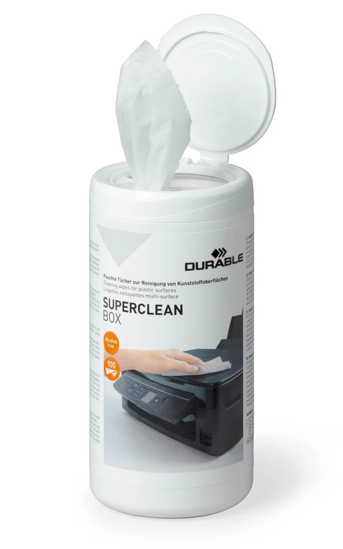 Showing Durable UK's Durable SOHO Tech Cleaning Kit with Air Duster and Biodegradable Wipes, available as SKU 585100 with EAN 4005546506203.