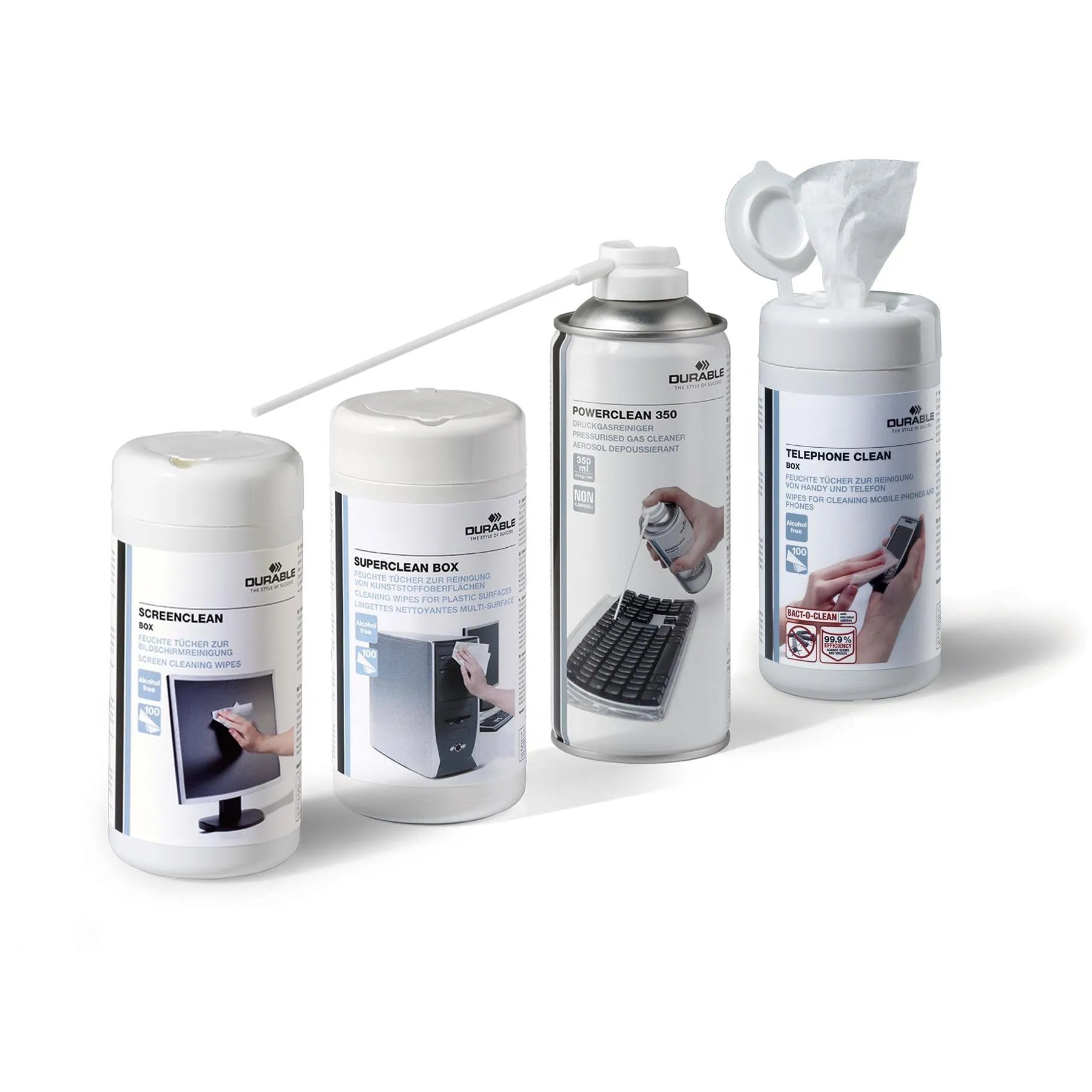 Showing Durable UK's Durable SOHO Tech Cleaning Kit with Air Duster and Biodegradable Wipes, available as SKU 585100 with EAN 4005546506203.