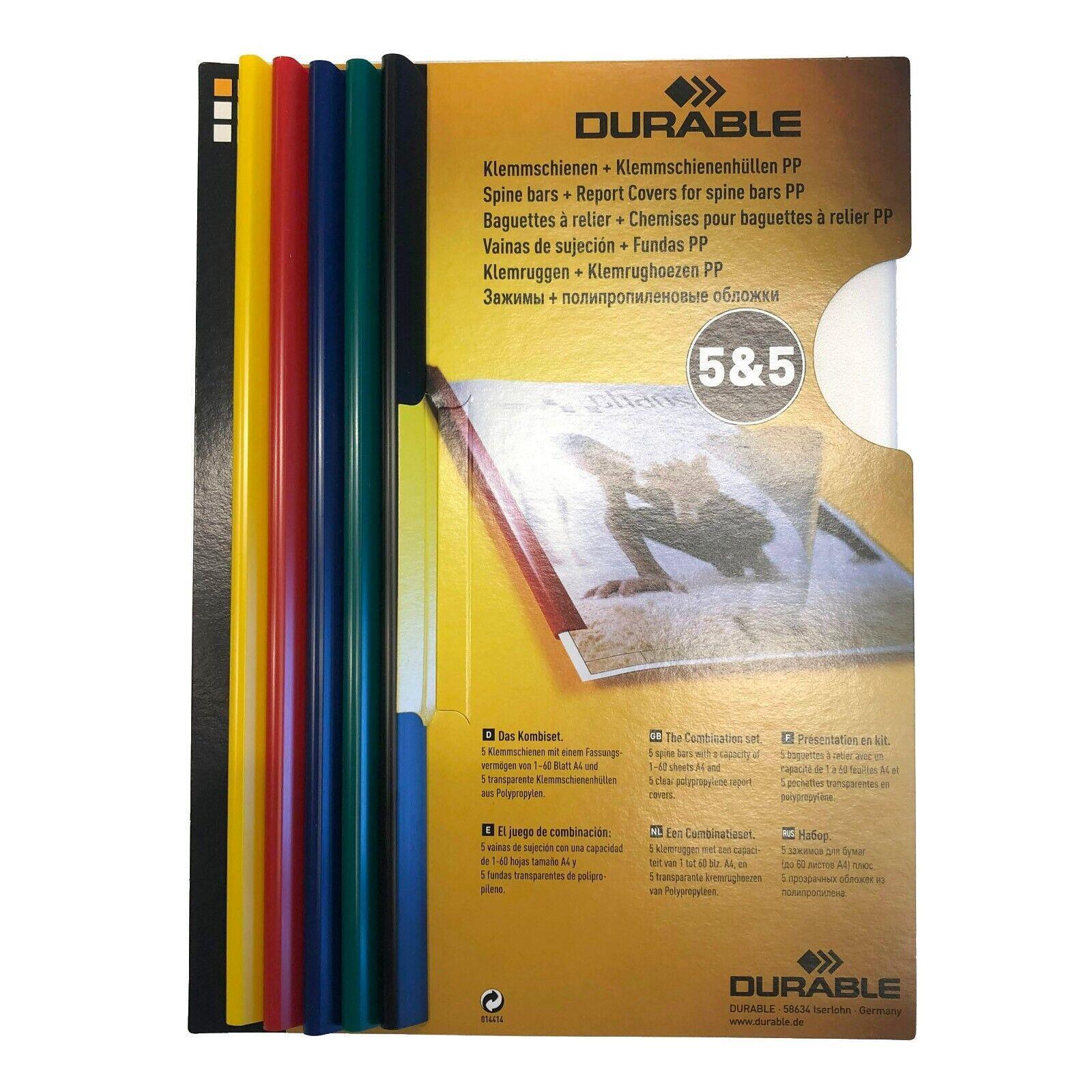 Showing Durable UK's Durable SPINE BAR 60 Sheet Binding Bars + Report Covers | 5 Pack | A4 Assorted, available as SKU 900740700 with EAN 4005546977133.