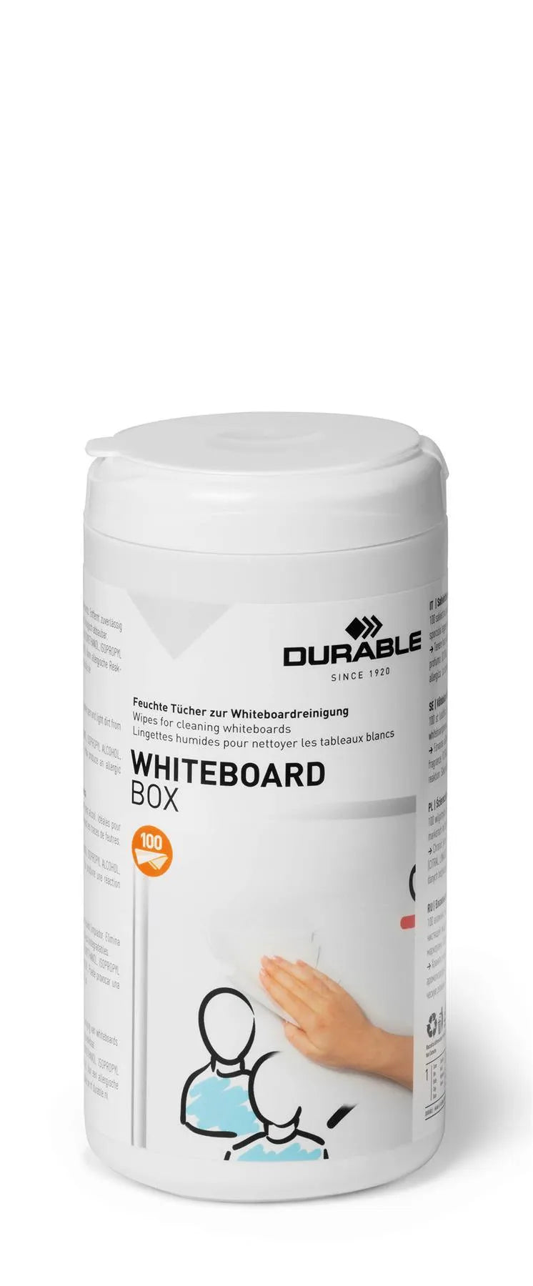 Showing Durable UK's Durable Streak-Free Biodegradable Whiteboard Screen Cleaning Wipes | Tub of 100, available as SKU 575902 with EAN 4005546503721.